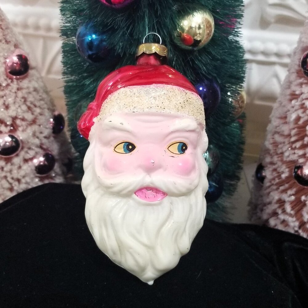 Vintage West Germany mercury Glass Santa Head Christmas Ornament Mica Glitter Fi
